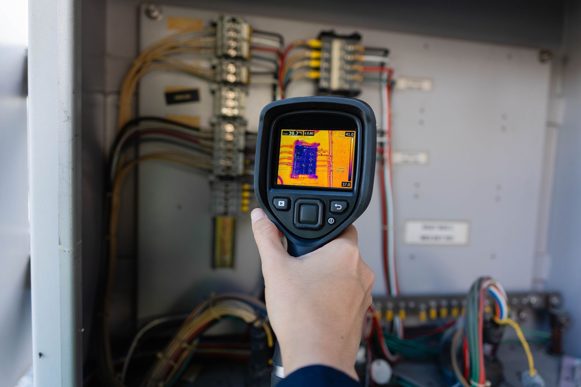 Handheld thermal camera scanning electrical panel with exposed wiring and breakers.