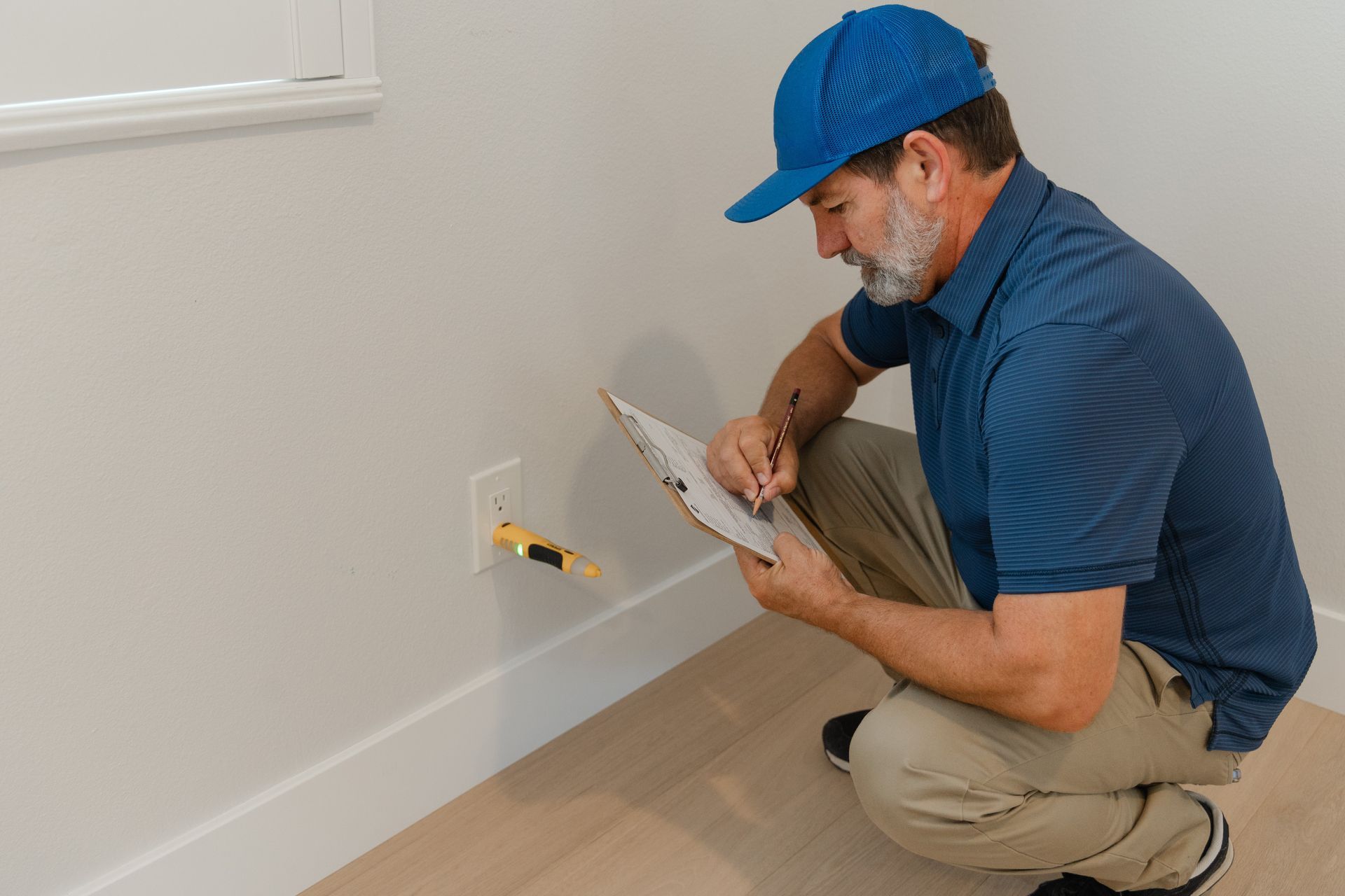 Technician kneeling beside wall outlet, inspecting wiring with a clipboard in a room with hardwood floors.