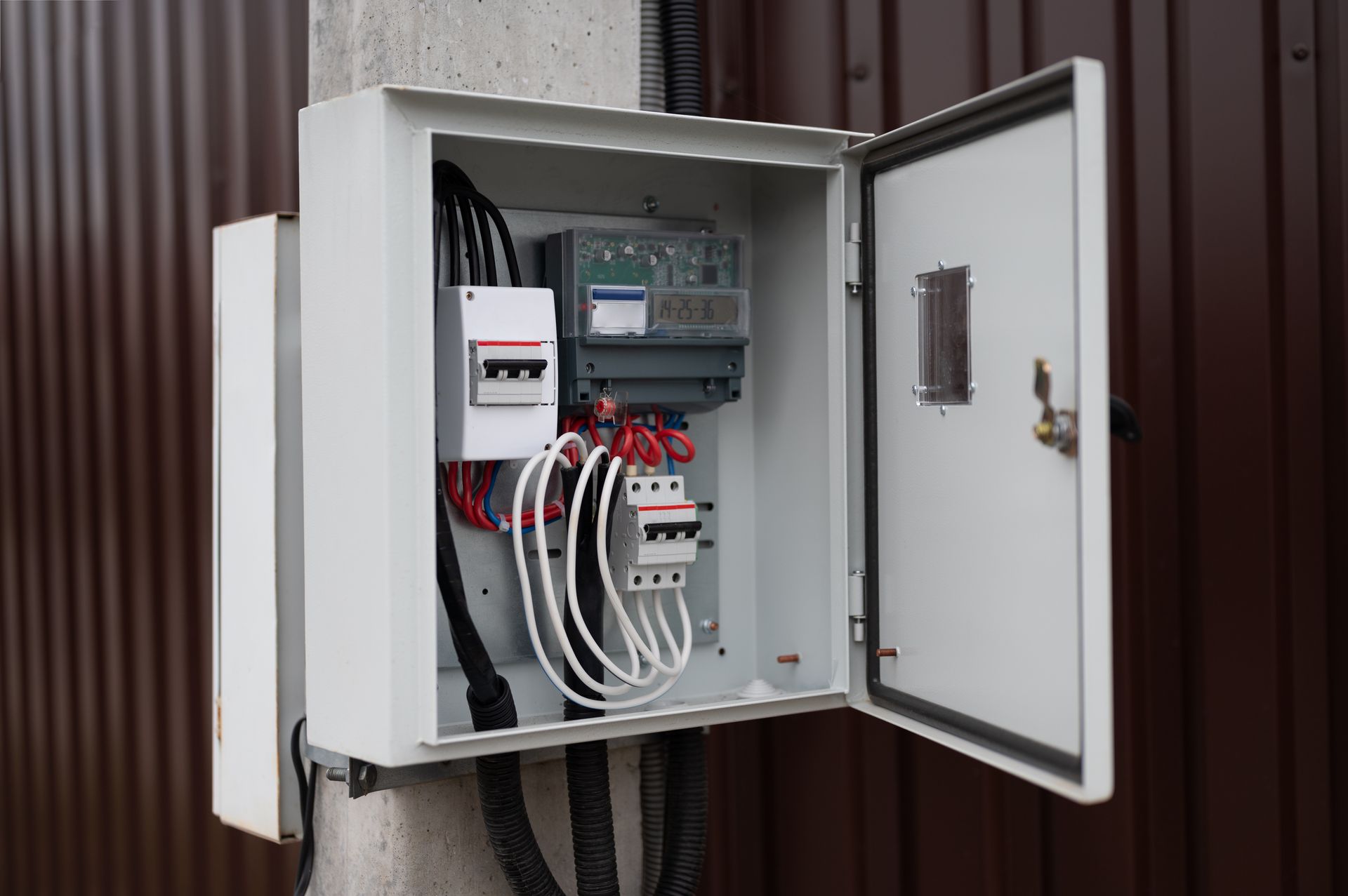 Open electrical control panel box with wires and circuit breakers mounted on a wall.