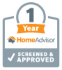 1-year HomeAdvisor screened and approved badge with checkmark and orange banner.