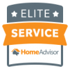 HomeAdvisor Elite Service badge with blue and orange ribbon logo.