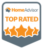 HomeAdvisor Top Rated badge with orange stars on a gray shield icon.