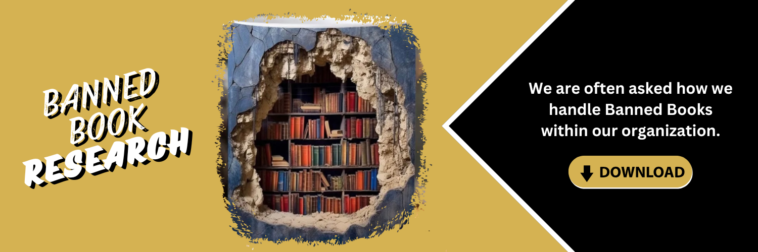 Banner with text “Banned Book Research” and a bookcase inside a distressed wall, a 
