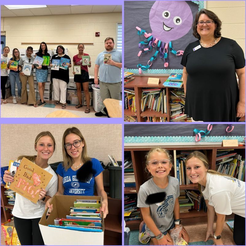 People at a library holding books. Smiling faces, books, and an octopus decoration are visible.