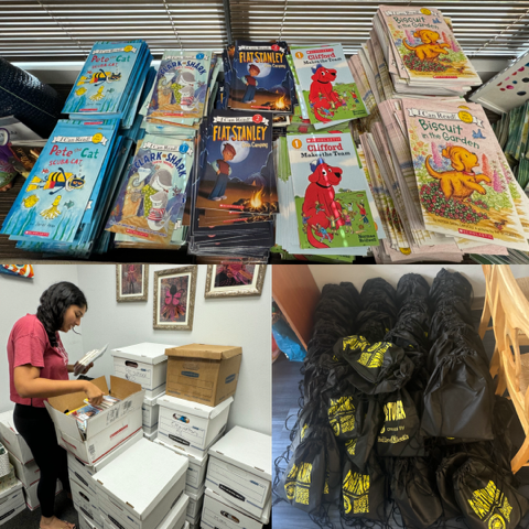 Books, bins, and bags. Woman packing boxes. Various children's books are stacked. Black drawstring bags with yellow logos.