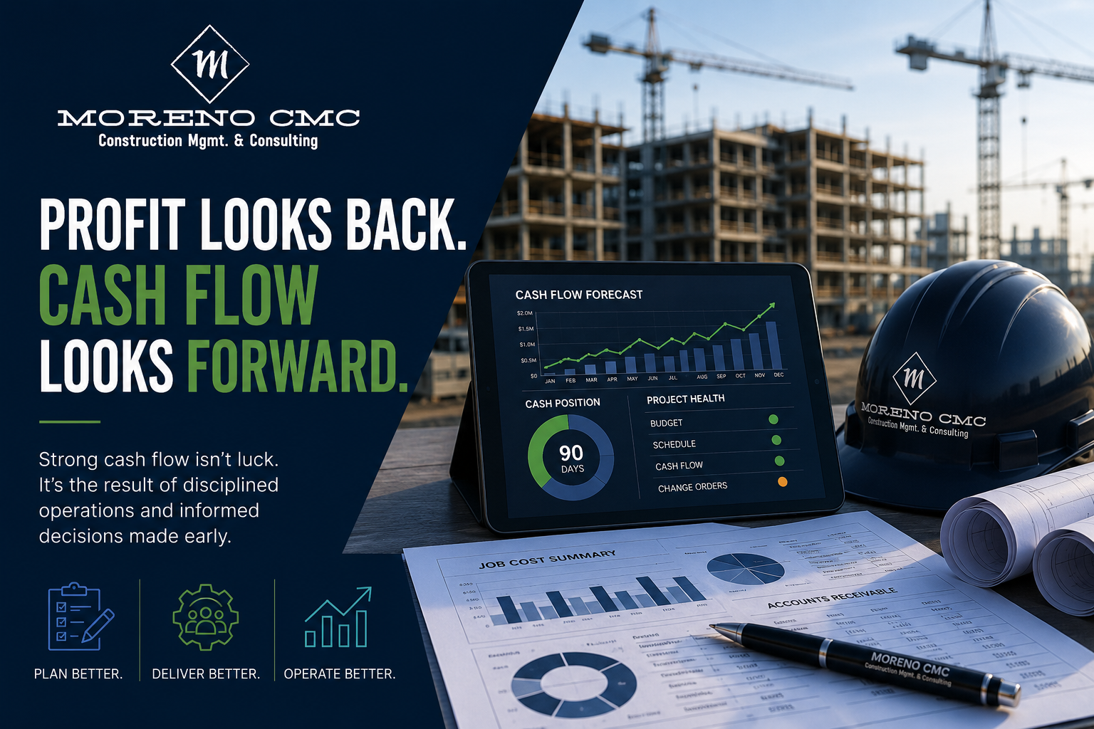 Construction project management workspace with cash flow dashboard, project controls, blueprints, an