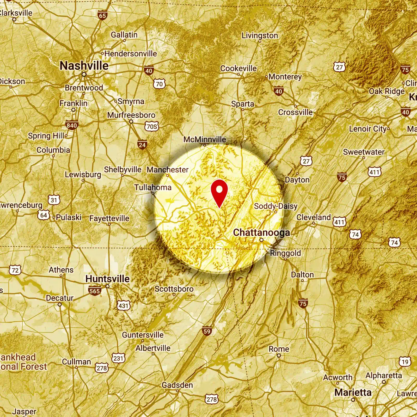 A map shows the location of nashville in the state of tennessee