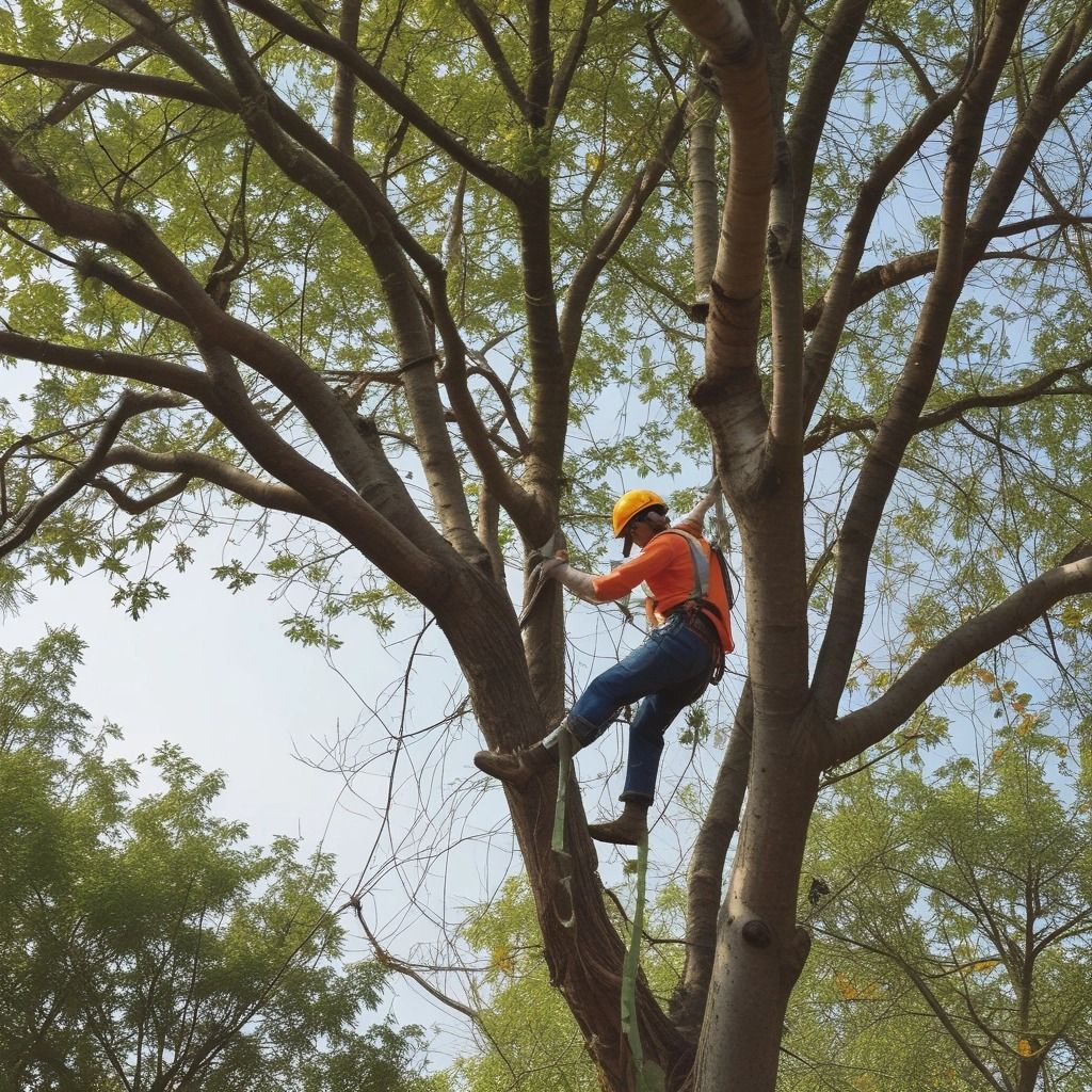 Worker in orange safety gear climbing a large tree with a rope and harness