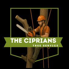 Logo for The Ciprians Tree Service showing a worker in an orange helmet cutting a tree with a chainsaw.