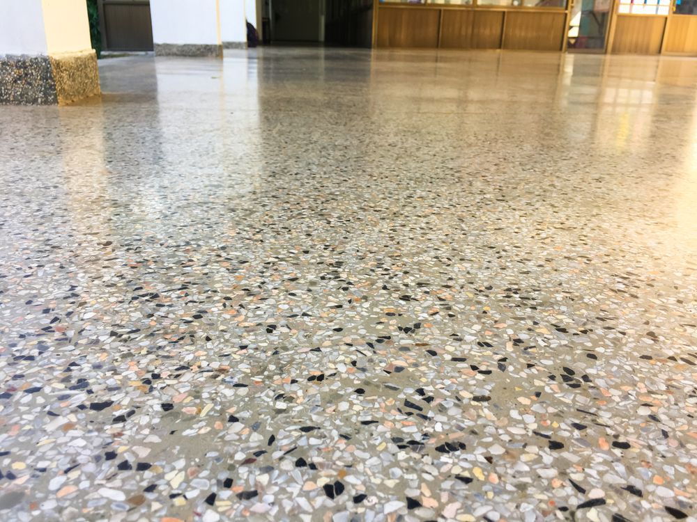 Polished light gray terrazzo flooring featuring a blend of dark, white, and tan aggregate chips in an indoor setting — Custom Floor Sanding In Somersby, NSW