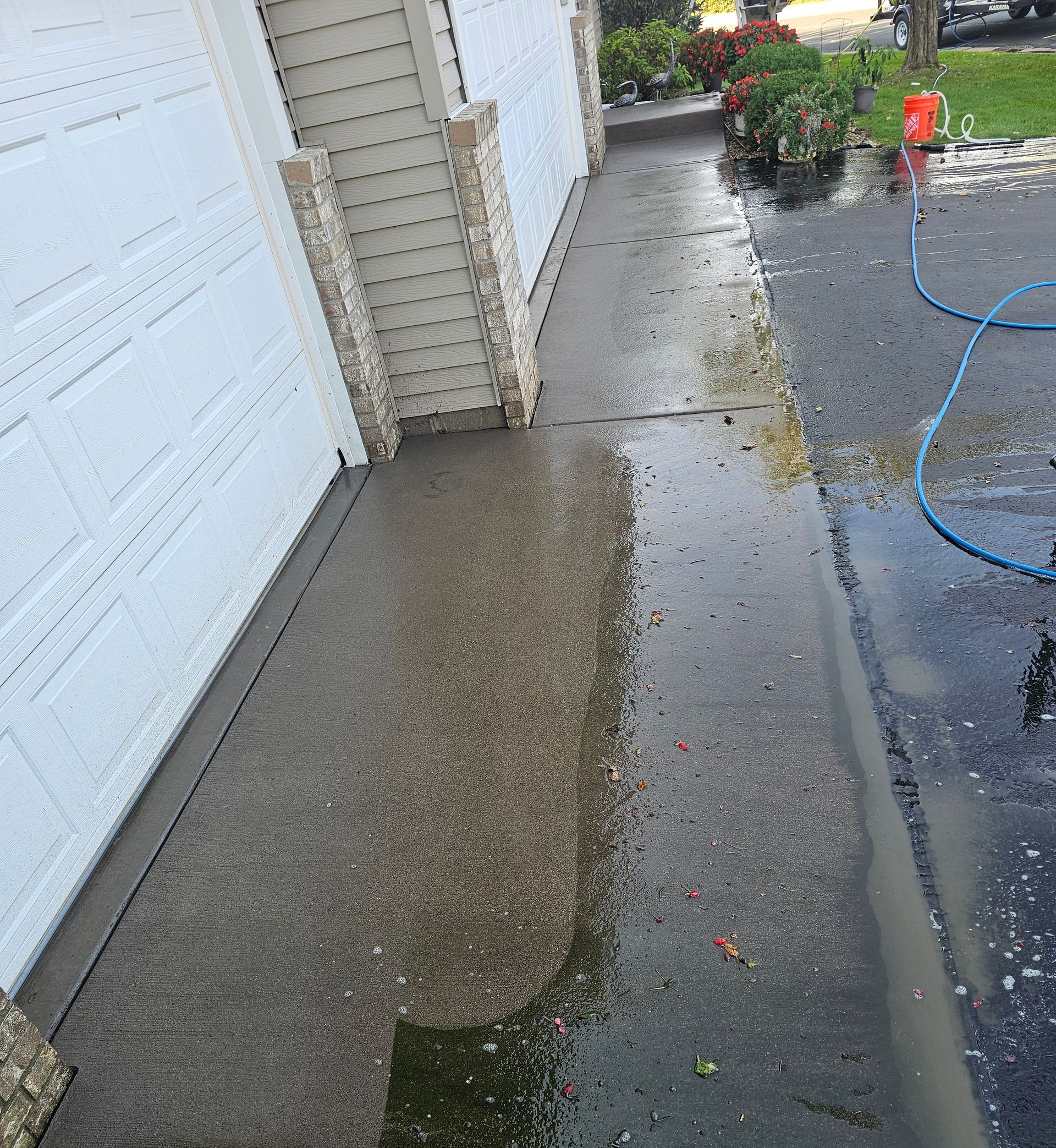 A wet concrete path runs alongside a white garage wall, with a blue hose lying on the adjacent dark driveway.