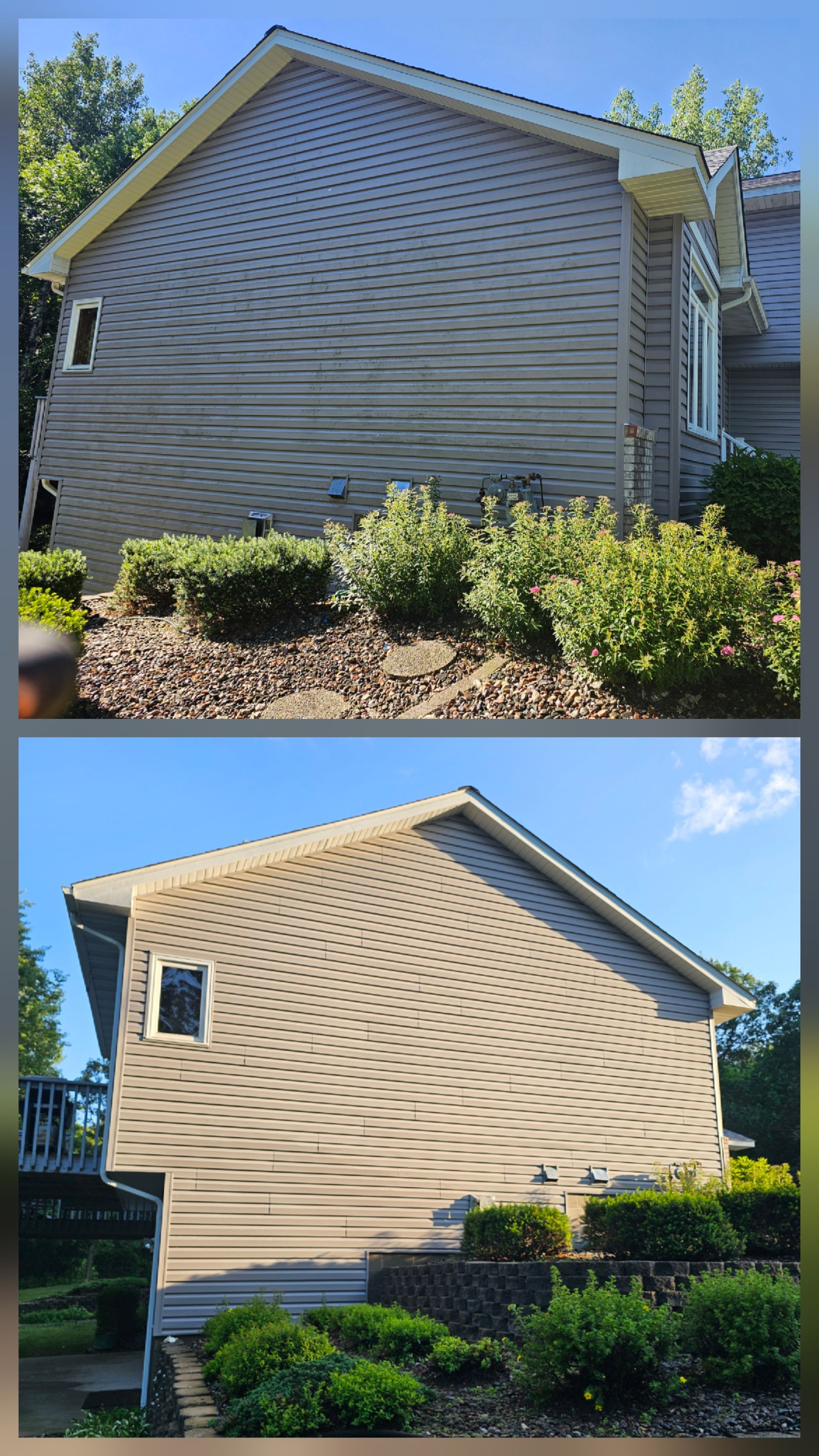 Before and after photos of a beige vinyl-sided house wall exterior, showing improved cleanliness and brightness.