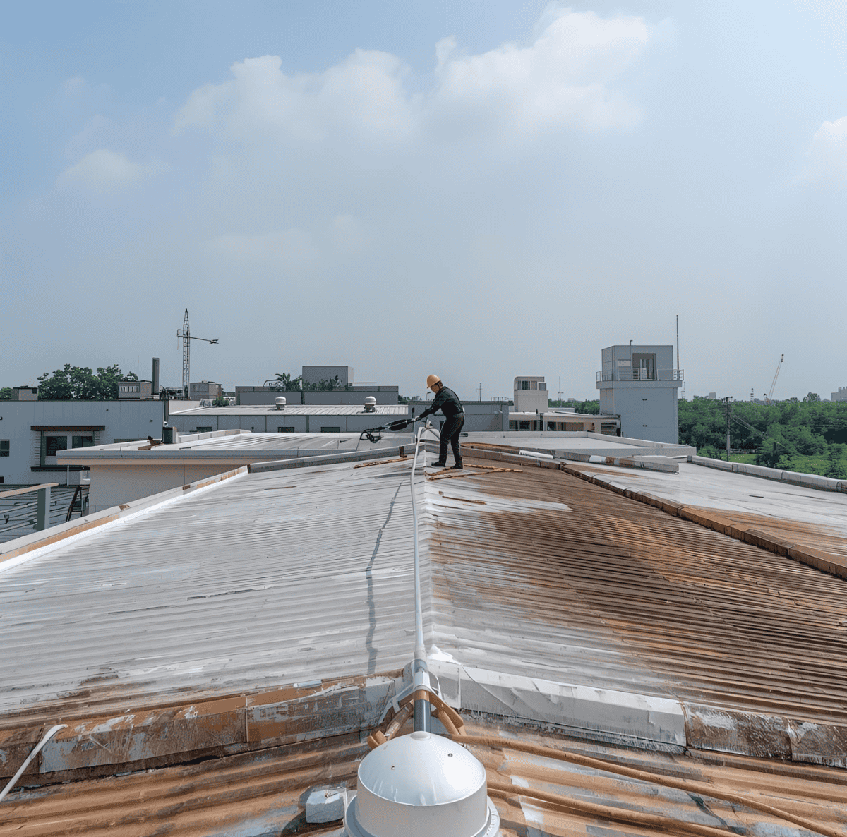 Person cleaning a roof with a pressure washer, showing before and after sections.