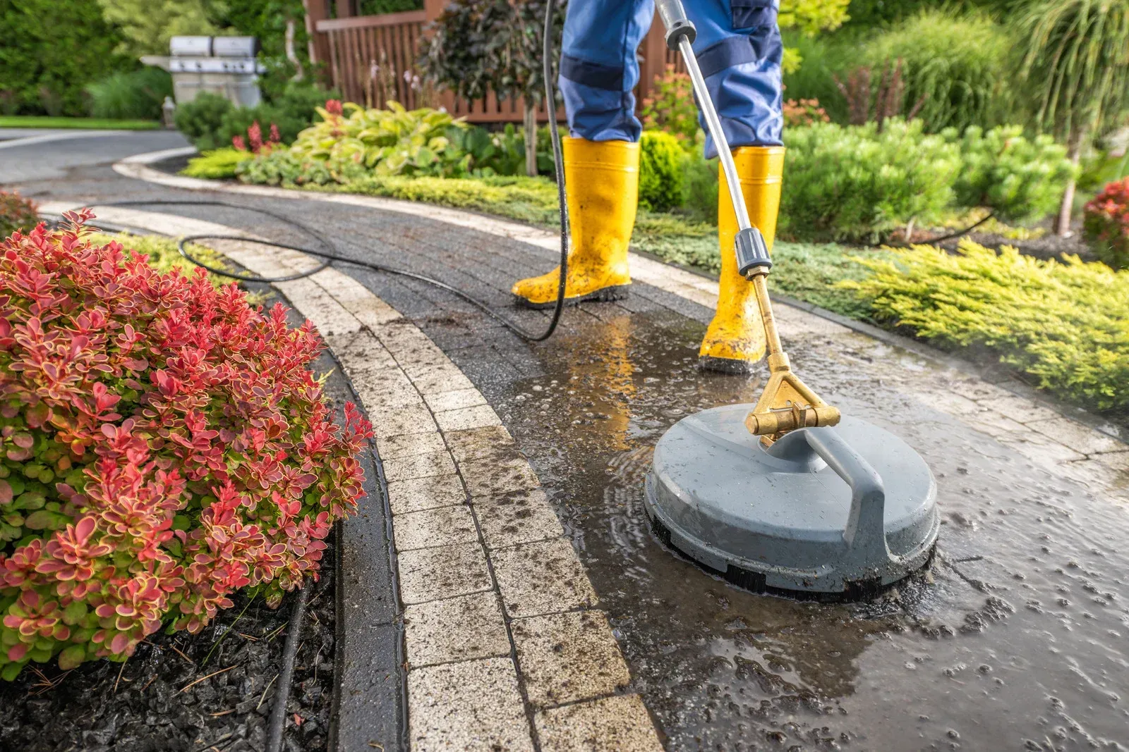 Person power washing a paved walkway with a circular surface cleaner, wearing yellow boots.