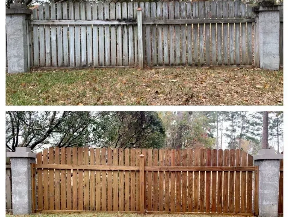 Before and after view of a wooden fence, weathered on top, newly stained with brown stain on the bottom.
