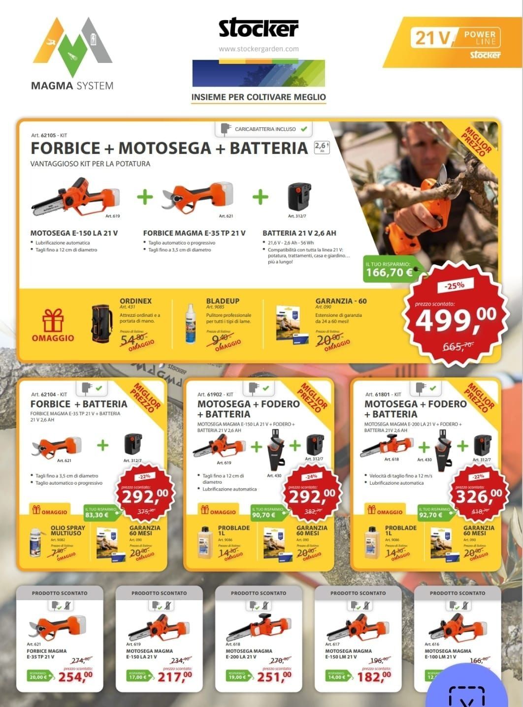 Volantino pubblicitario per attrezzi da giardino e batterie Stokker