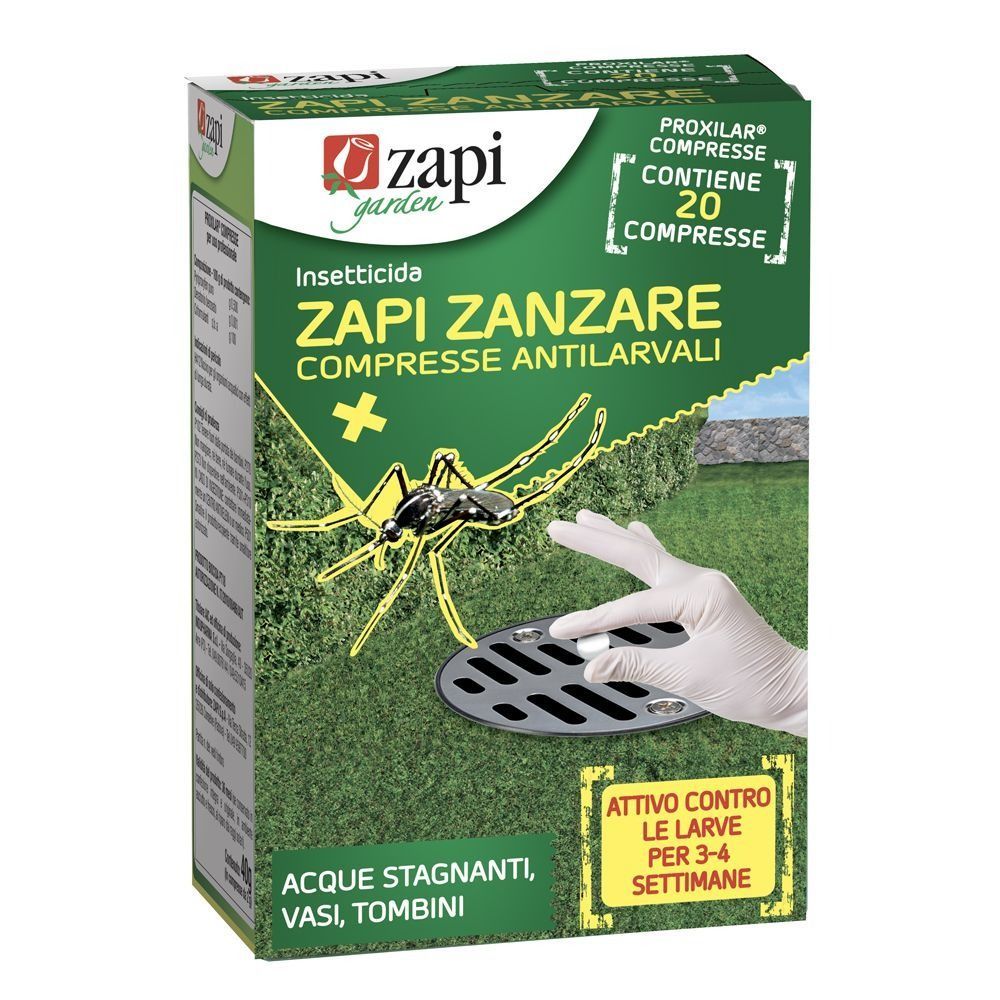 Confezione di compresse antizanzare Zapi Zanzare, involucro verde con illustrazione di una zanzara e di una mano guantata.