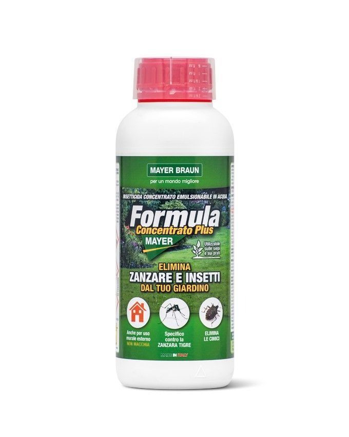 Flacone di insetticida bianco con tappo rosso ed etichetta verde, recante le scritte 
