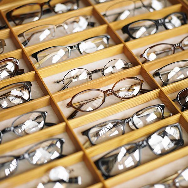 Display case of eyeglasses, close-up, high angle view