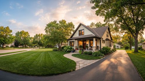 A lush, manicured green lawn framed by large, leafy trees under soft, golden sunlight, with a house visible on the left.