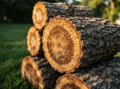 Stacked cut logs with rough bark and visible tree rings outdoors in warm sunlight