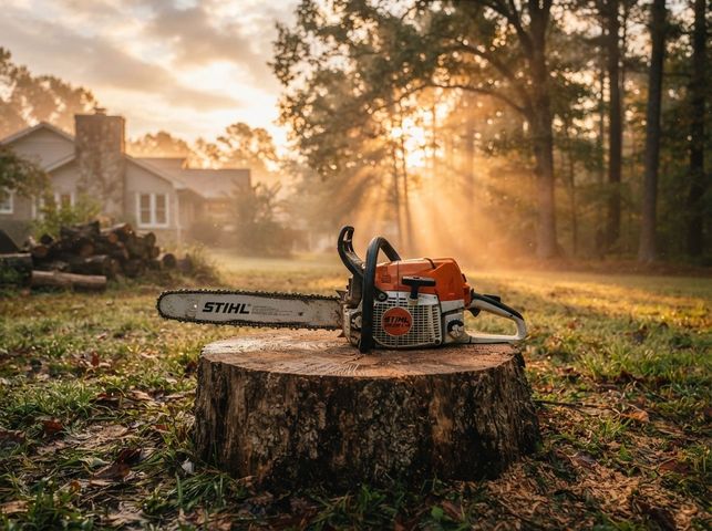 Chainsaw on a tree stump in a sunlit forest clearing at sunrise