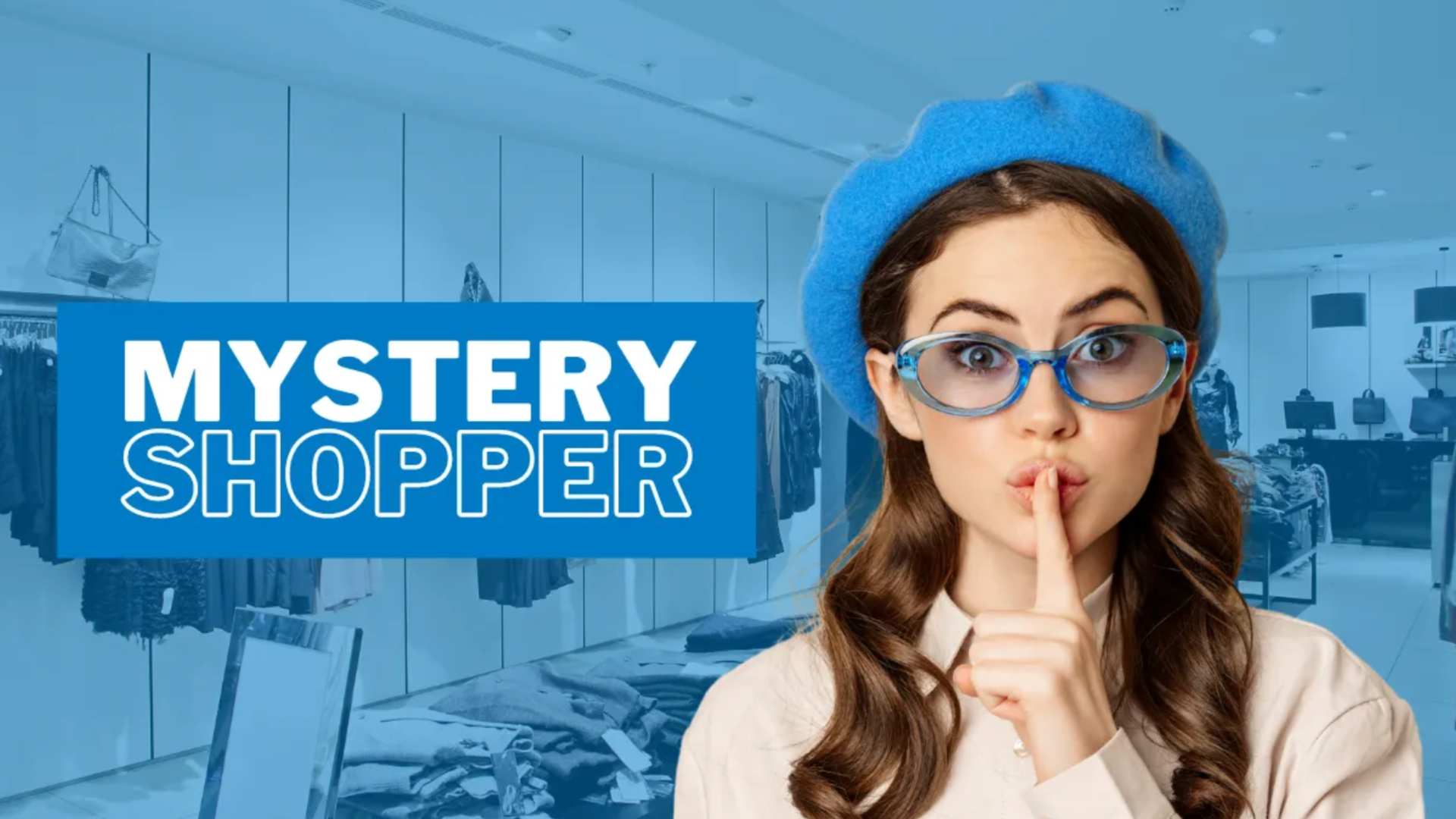 A person wearing a blue beret and glasses holds a finger to their lips in a shop, with the text