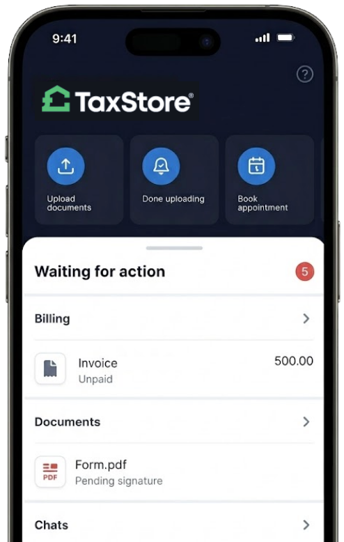 A smartphone displaying the TaxStore app dashboard, showing
