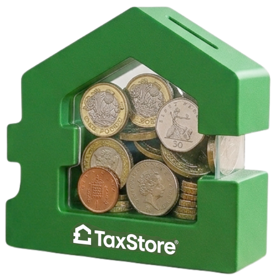 A green, house-shaped money box with a clear front containing various British coins, branded with