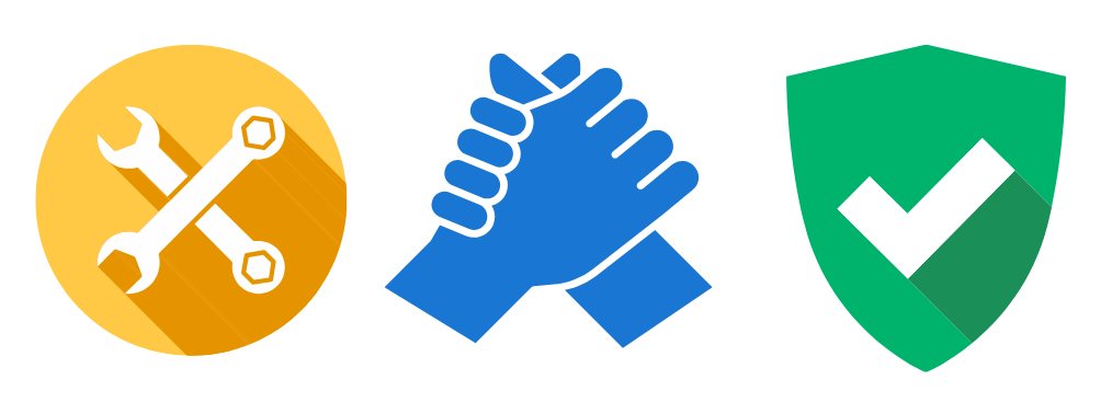 Three icons: yellow circle with crossed wrenches, blue handshake symbol, and green shield with a white checkmark.