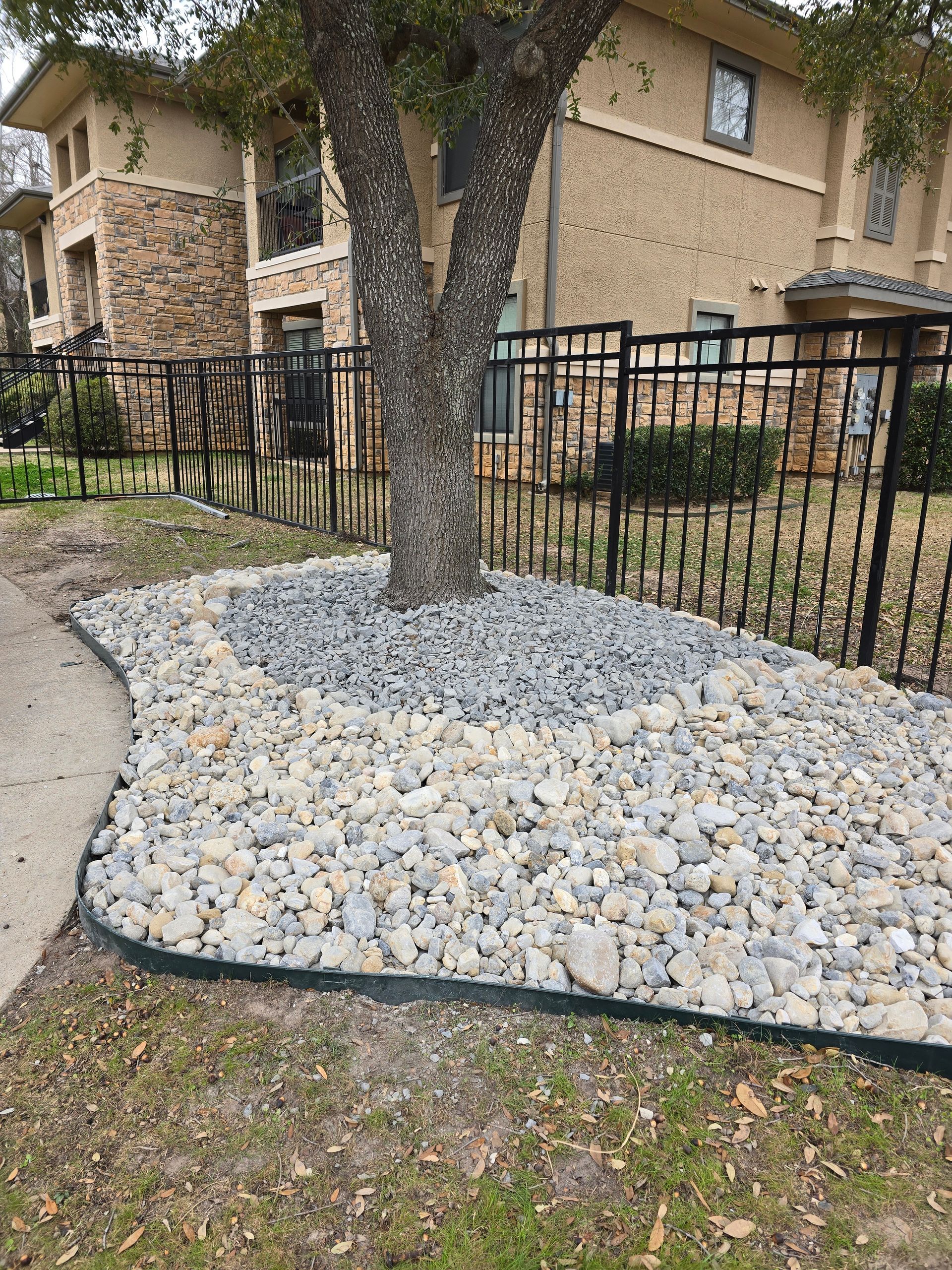 A tree surrounded by a landscaped bed of light and dark grey river rocks enclosed by black edging in front of an apartment.