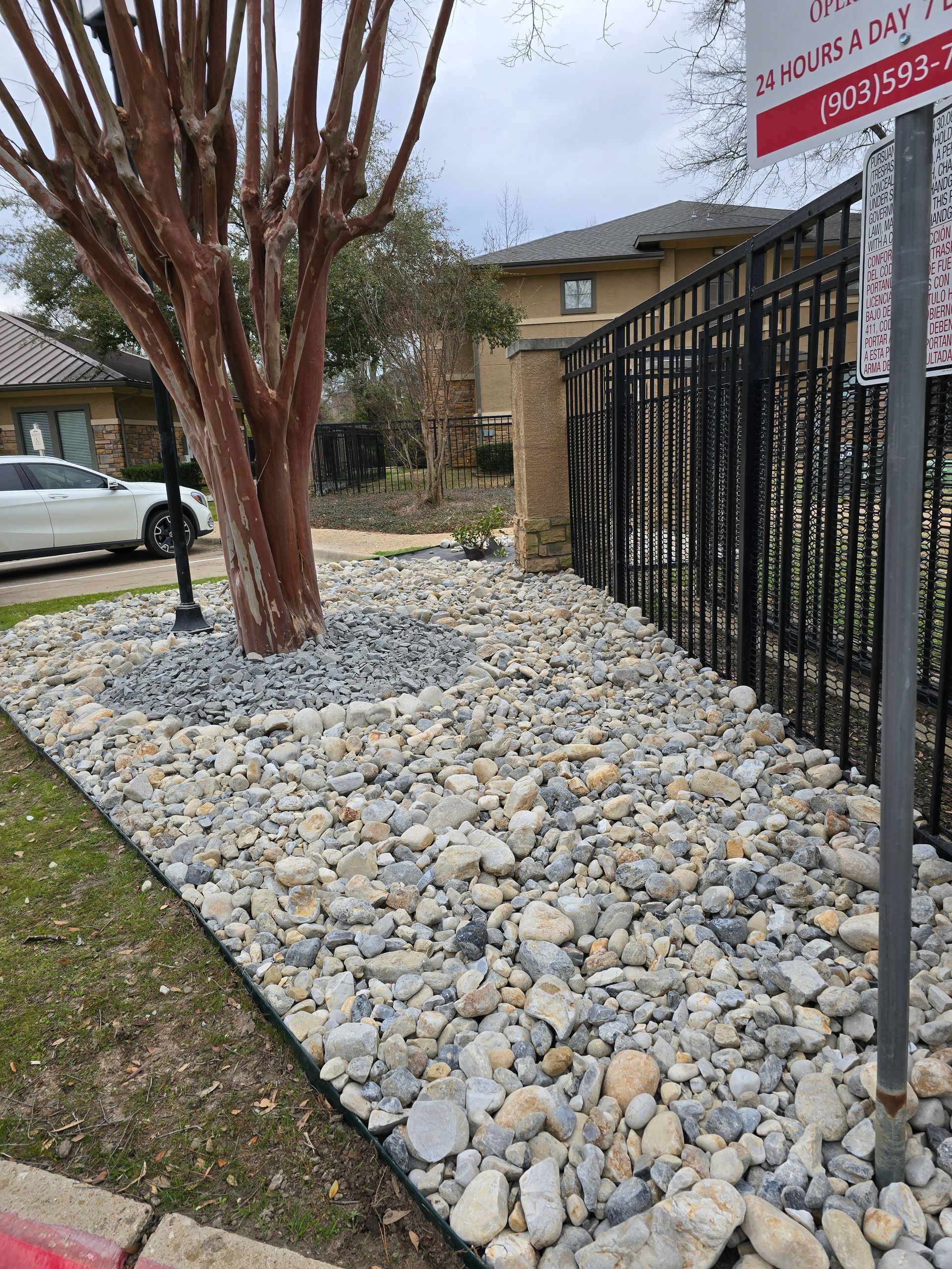 A landscape bed featuring a tree, light-colored river rocks, and a black metal fence near a building exterior.