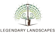 Logo for Legendary Landscapes featuring a spade shovel centered below a fan-shaped design of green, leafy lines.