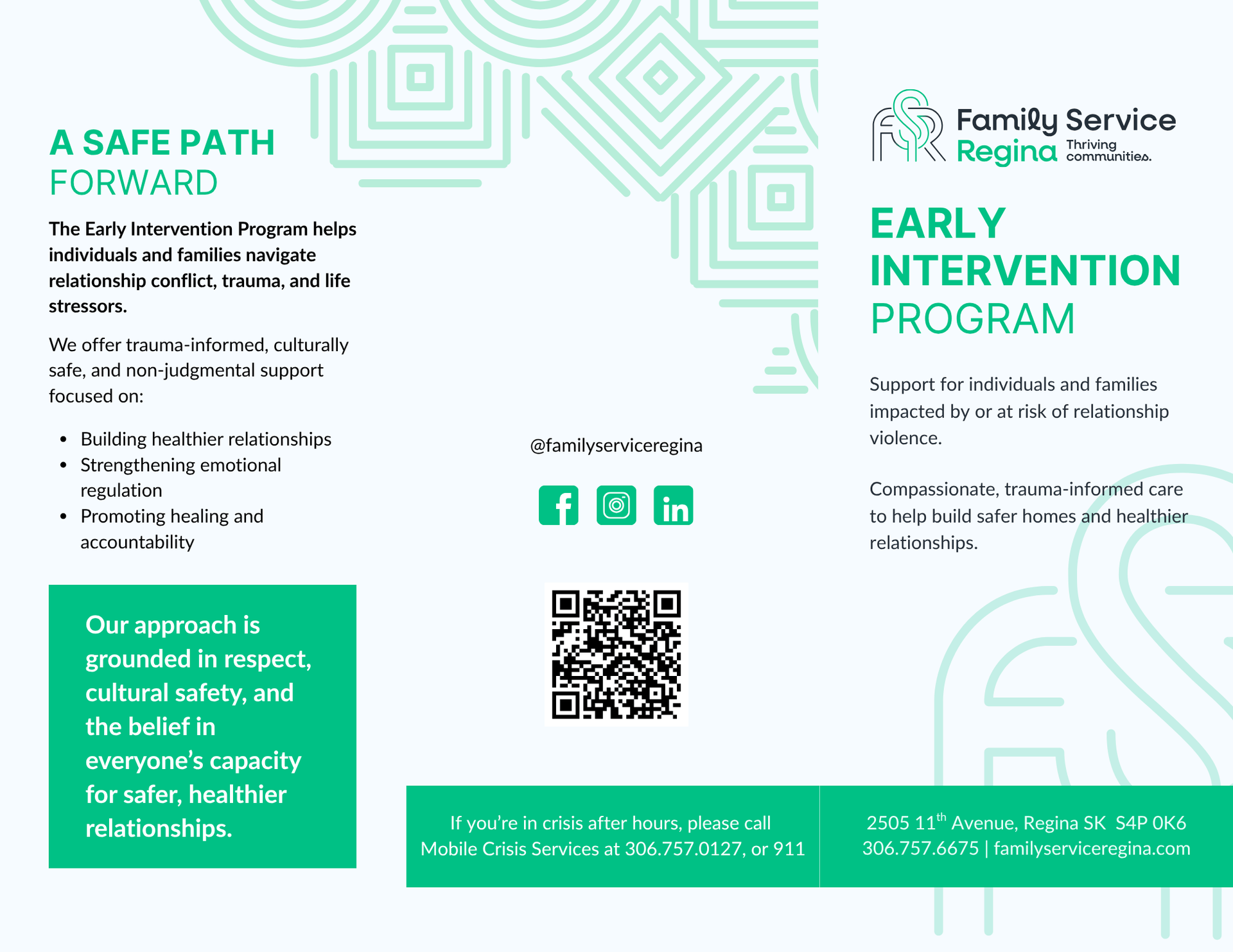 Brochure for Family Service Regina's Early Intervention Program, detailing trauma-informed support for healthy relationships.
