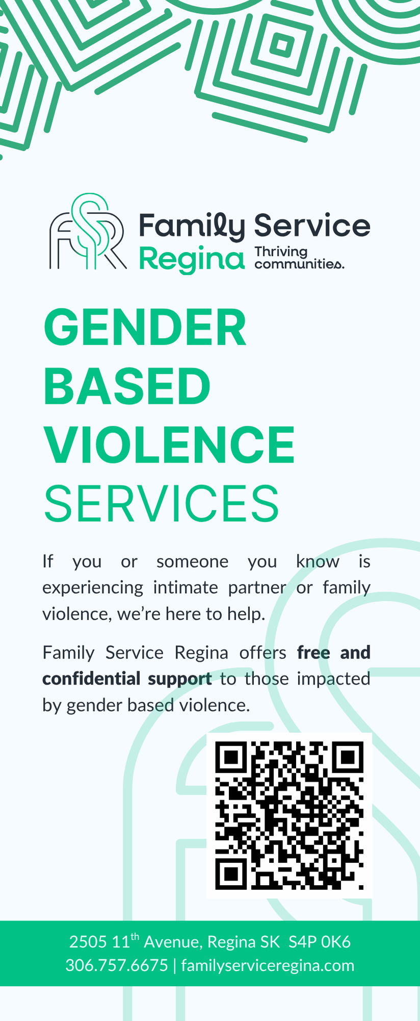 Flyer for Family Service Regina Gender Based Violence Services, offering confidential support and contact information.