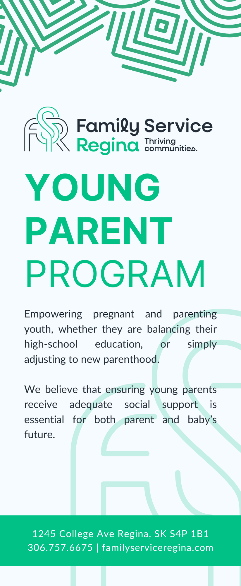 A green and white flyer for Family Service Regina's Young Parent Program, listing contact details at the bottom.