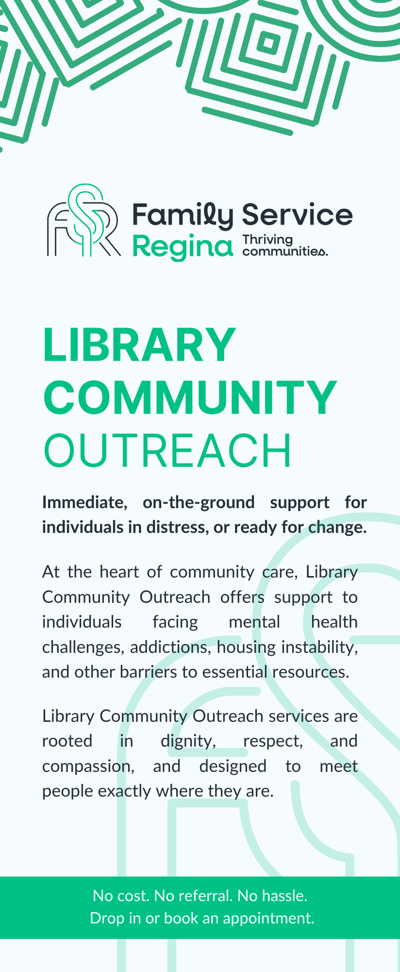 Family Service Regina brochure for Library Community Outreach offering support for mental health, addiction, and housing.