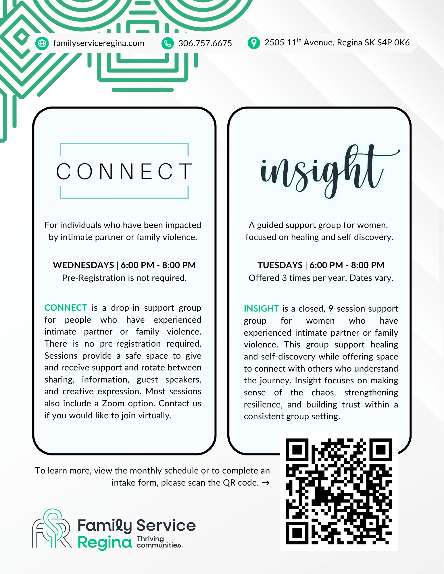 Flyer for Family Service Regina support groups CONNECT and INSIGHT, featuring program times, descriptions, and a QR code.
