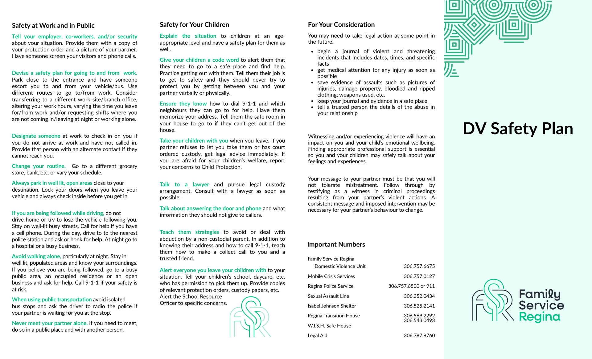 A trifold DV Safety Plan brochure from Family Service Regina with sections on safety, legal steps, and contact information.