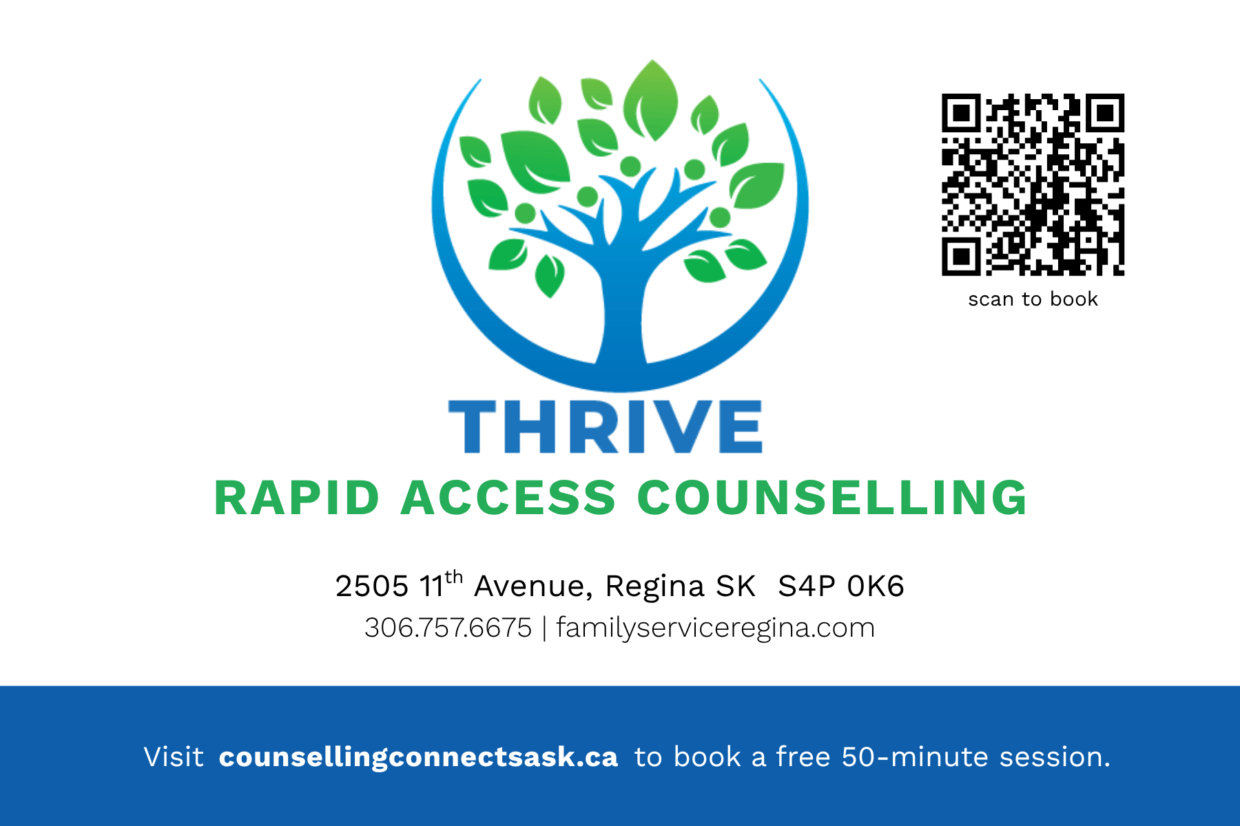 Thrive Rapid Access Counselling flyer: a tree logo, location in Regina, QR code, and booking info for free sessions.