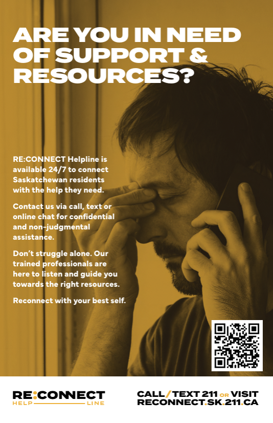 A person looking distressed rests their face in their hand while on the phone. Text offers 24/7 support via 211 in SK.