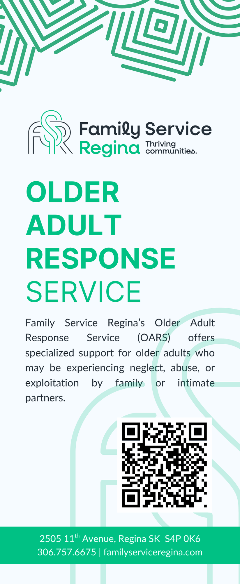 A flyer for Family Service Regina's Older Adult Response Service, including a QR code, address, and contact information.