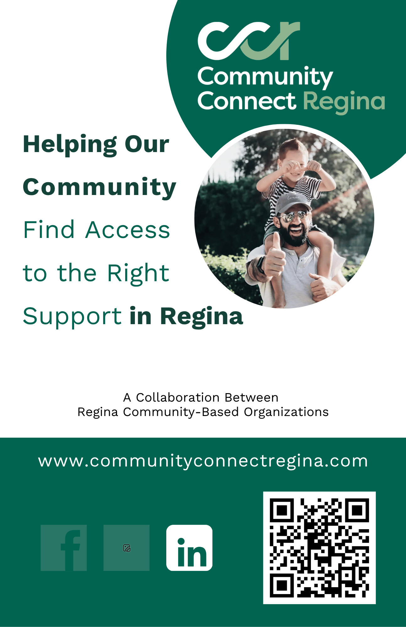 Community Connect Regina flyer featuring a photo of a parent carrying a child, website URL, social icons, and a QR code.