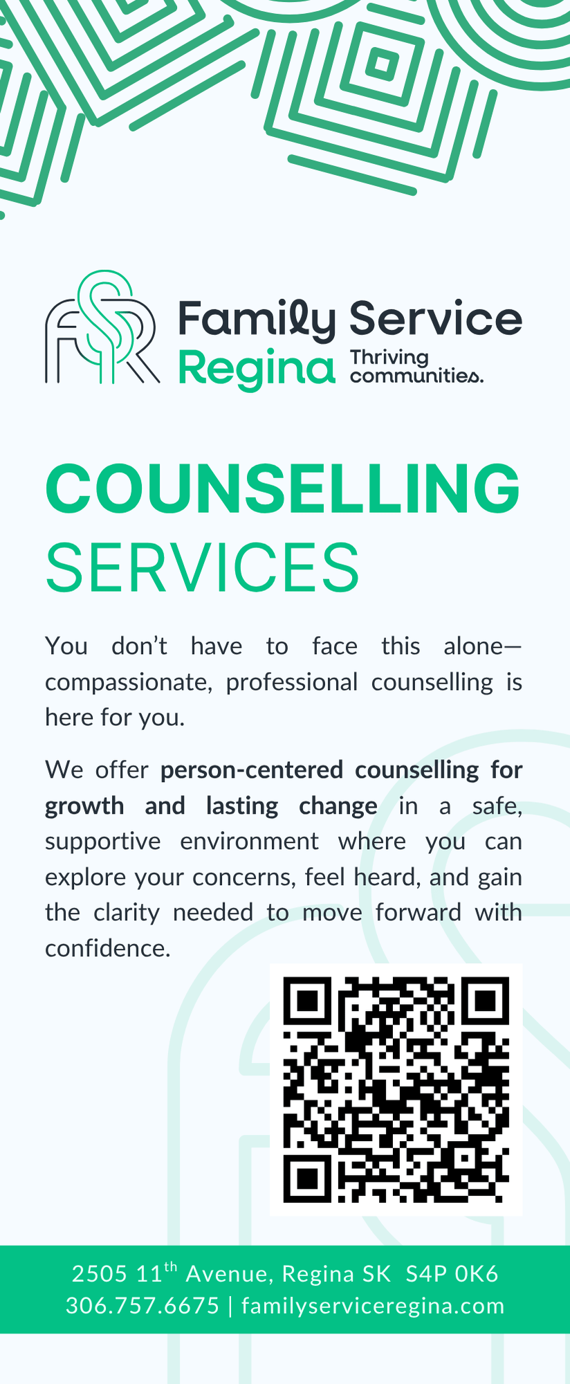 Family Service Regina brochure for counseling services with contact details, location, and a QR code.