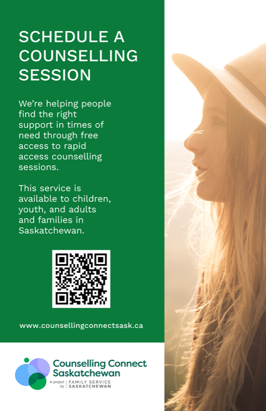 Flyer for free, rapid access counselling in Saskatchewan, including a QR code and website for scheduling.