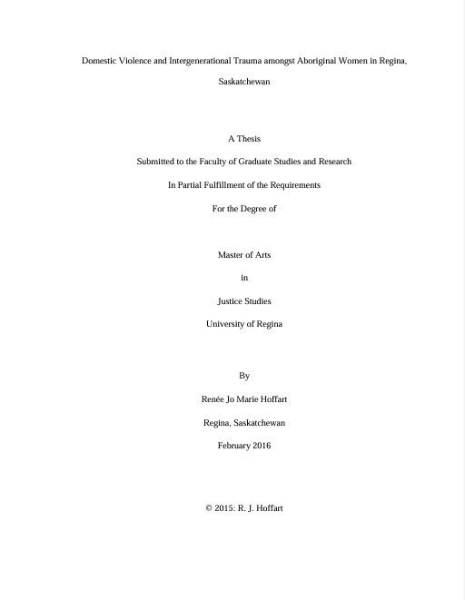 Title page of a 2014 Master of Arts thesis in Justice Studies from the University of Regina