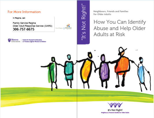 Brochure cover: A line of colorful, hand-drawn figures, with text on identifying and helping older adults at risk.