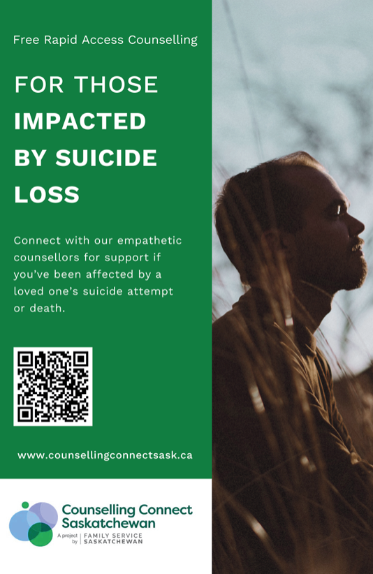 A green flyer for suicide loss counseling services with a QR code, website, and a photo of a person looking outdoors.