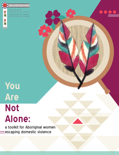Title page for a toolkit for Aboriginal women escaping domestic violence, featuring two feathers and floral art.