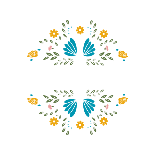 A floral design with leaves and flowers on a white background